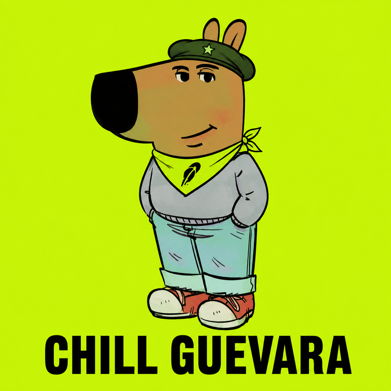 Chill Guevara, the relaxed cartoon dog in an olive beret and lime neckerchief