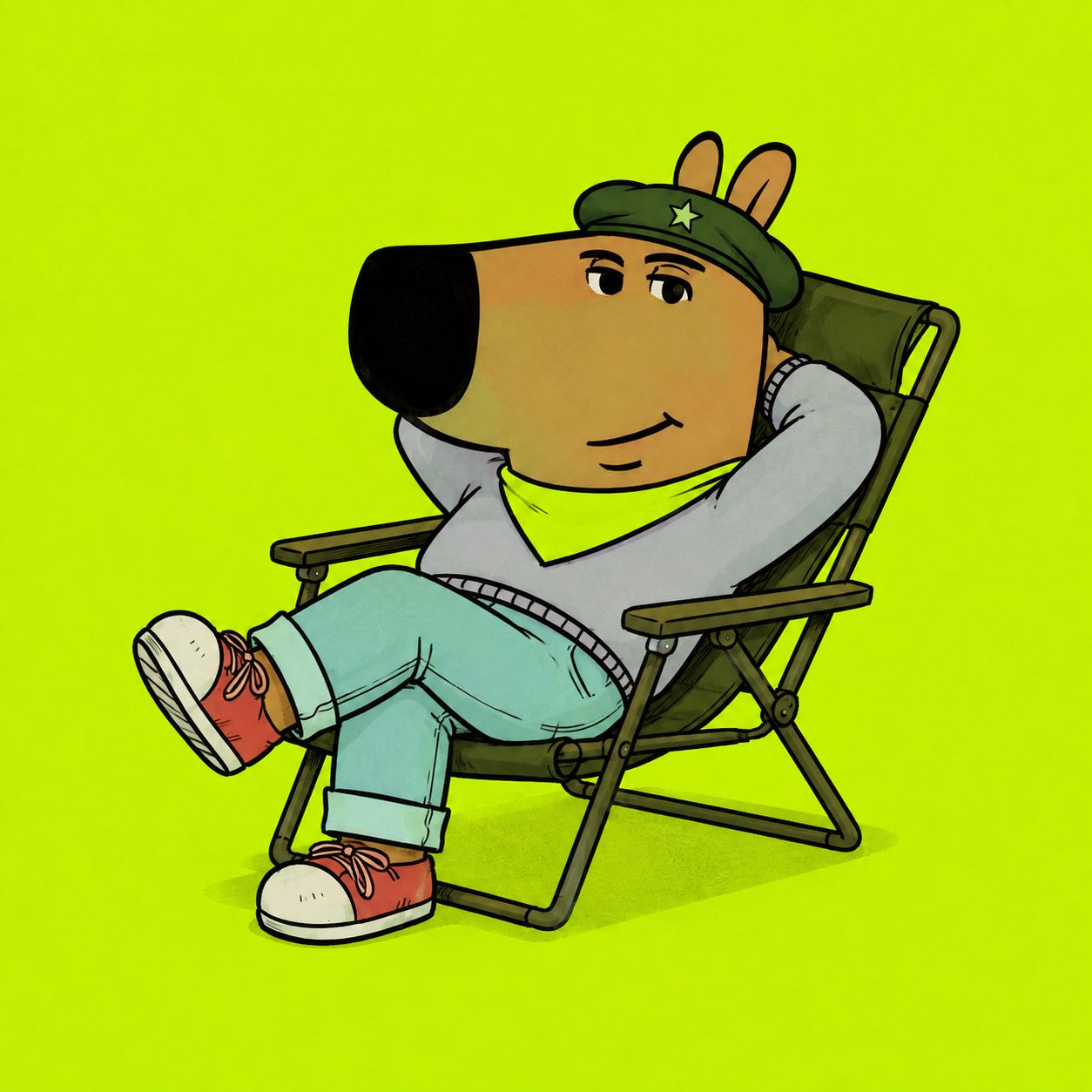 Chill Guevara reclining in an olive lounge chair, hands behind his head and without a worry